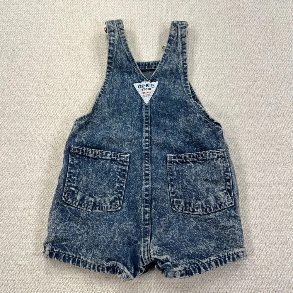 OshKosh B'gosh Denim Shortalls Kids 18M Blue Acid Wash VTG 80s Made in USA